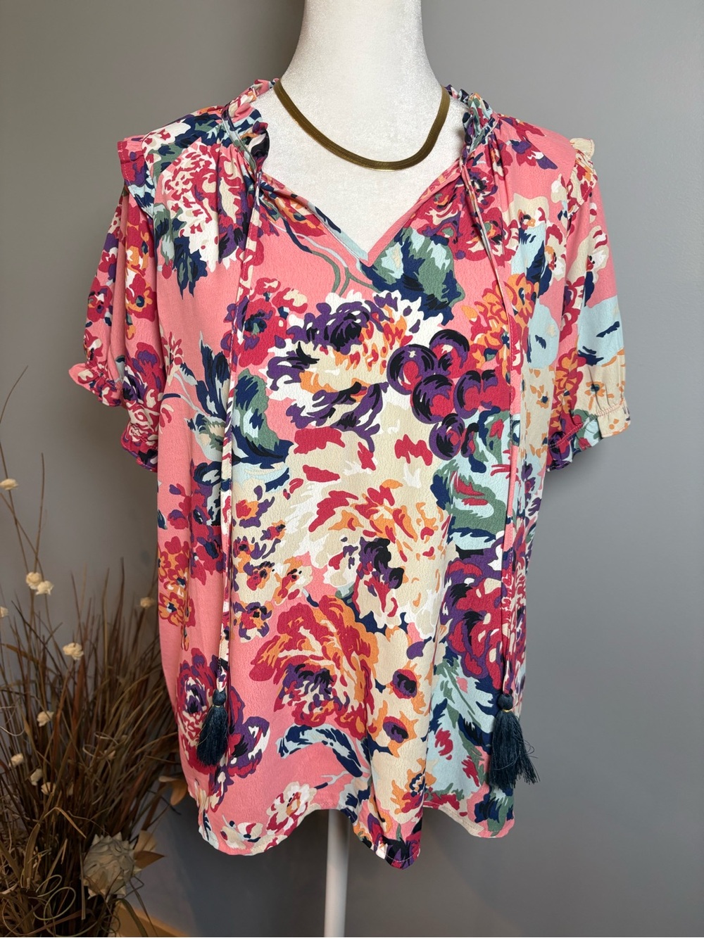 THML Pink Floral Ruffle Tassel Tie Boho Blouse L